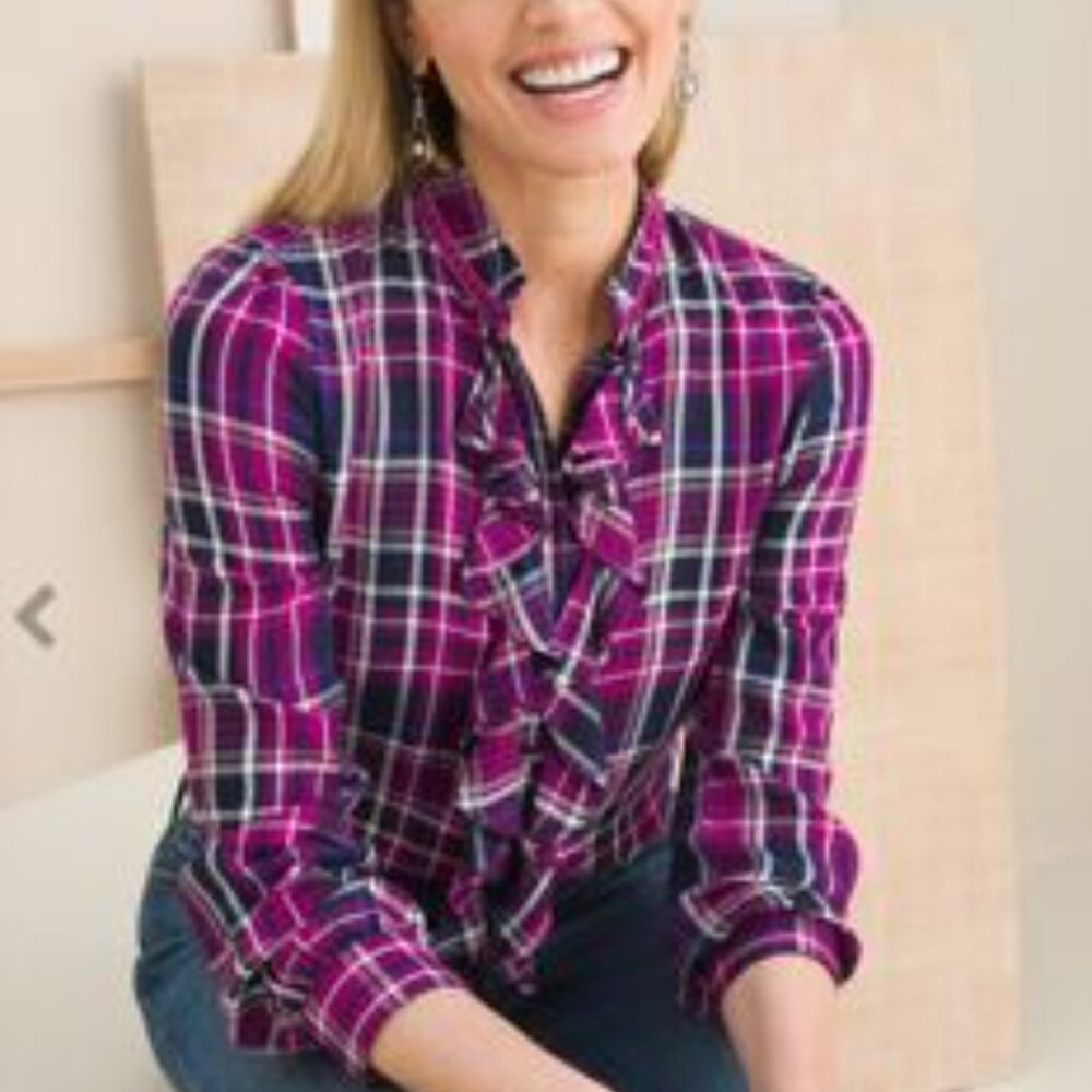 Chico's Purple Navy Ruffled Plaid Button Down Blouse Size 0